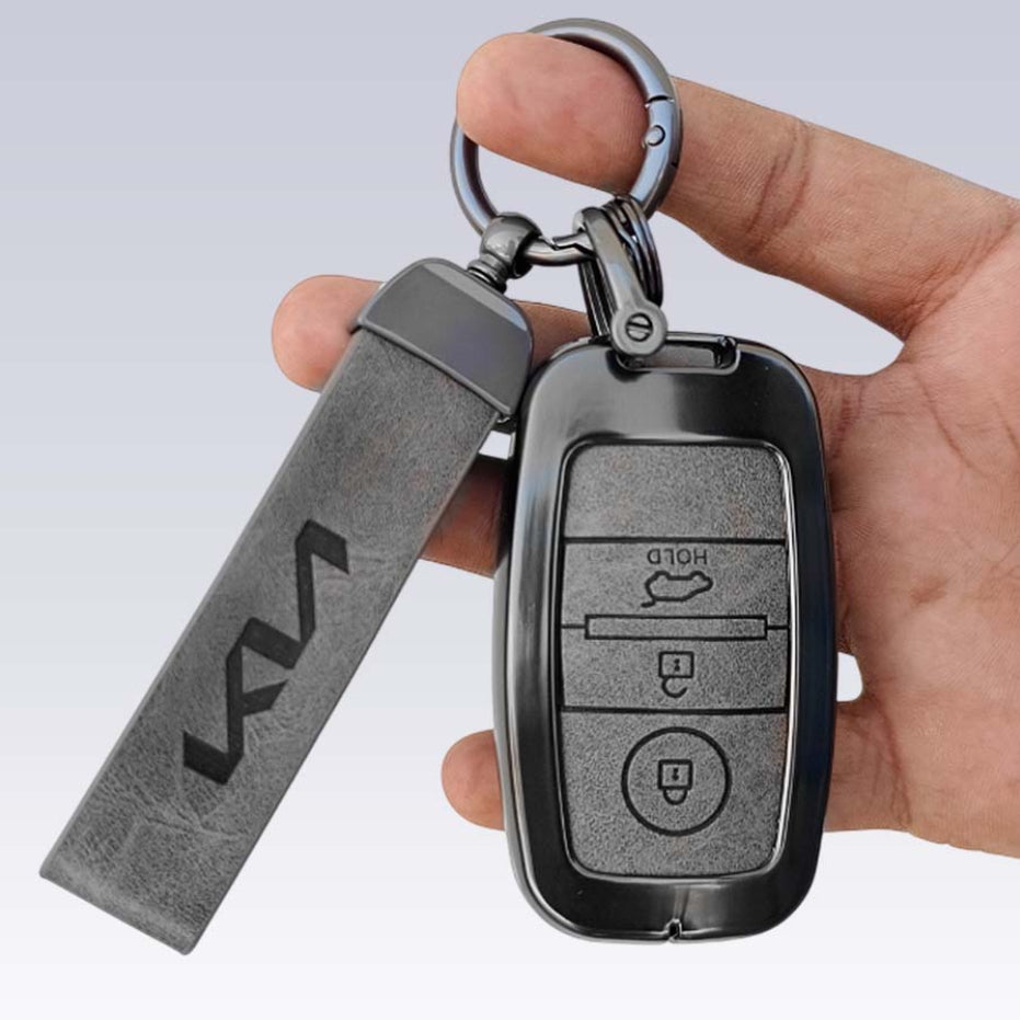 Metal Leather Car Key Cover Compatible With Seltos, Sonet, Carens | Push Start Key