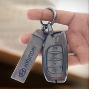 Metal Leather Car Key Cover Compatible With Creta, Venue, i20 Tucson, Elantra, Alcazar, Creta, Tucson | 4 Button Smart Key