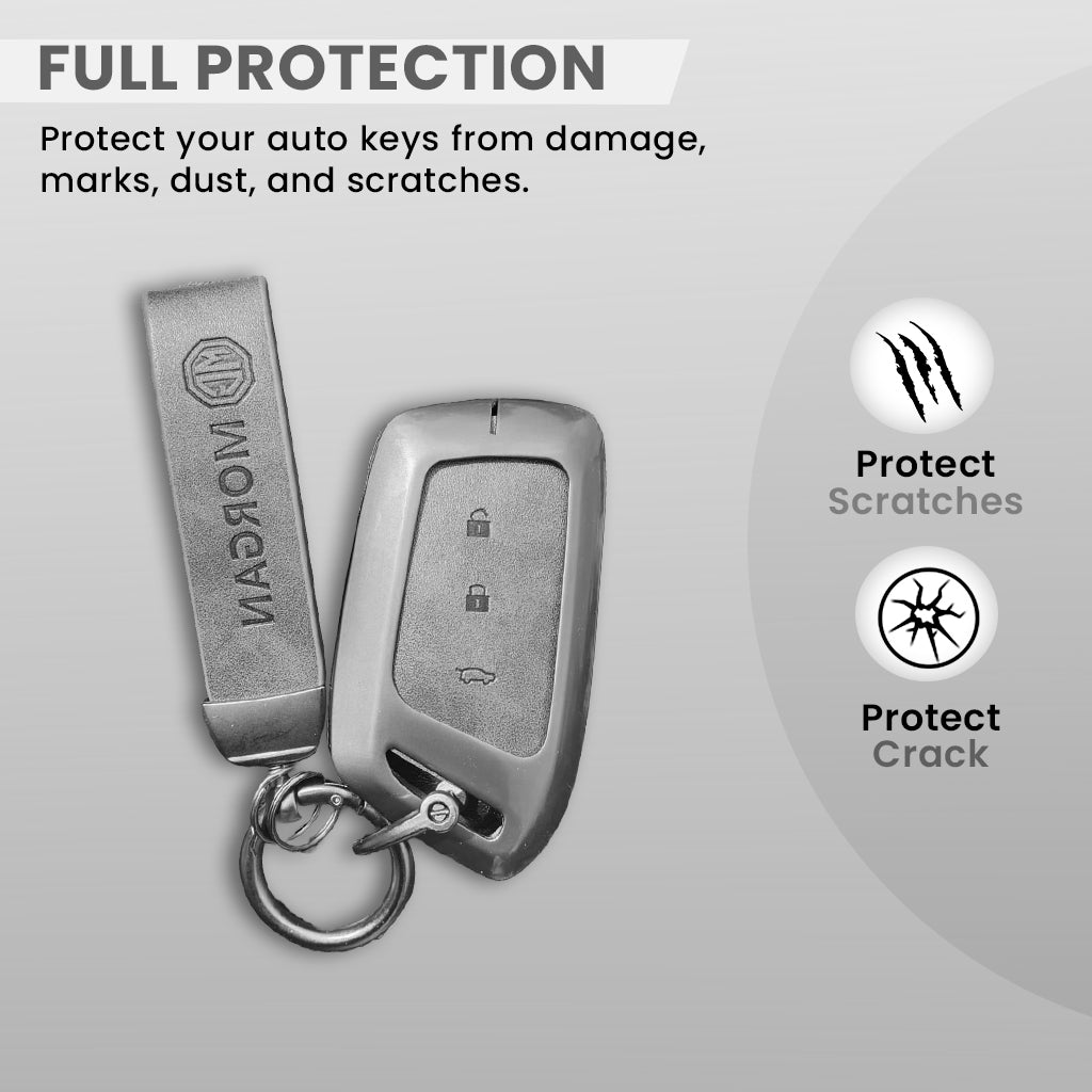 Metal Leather Car Key Cover For MG Hector | 3 Button Smart Key