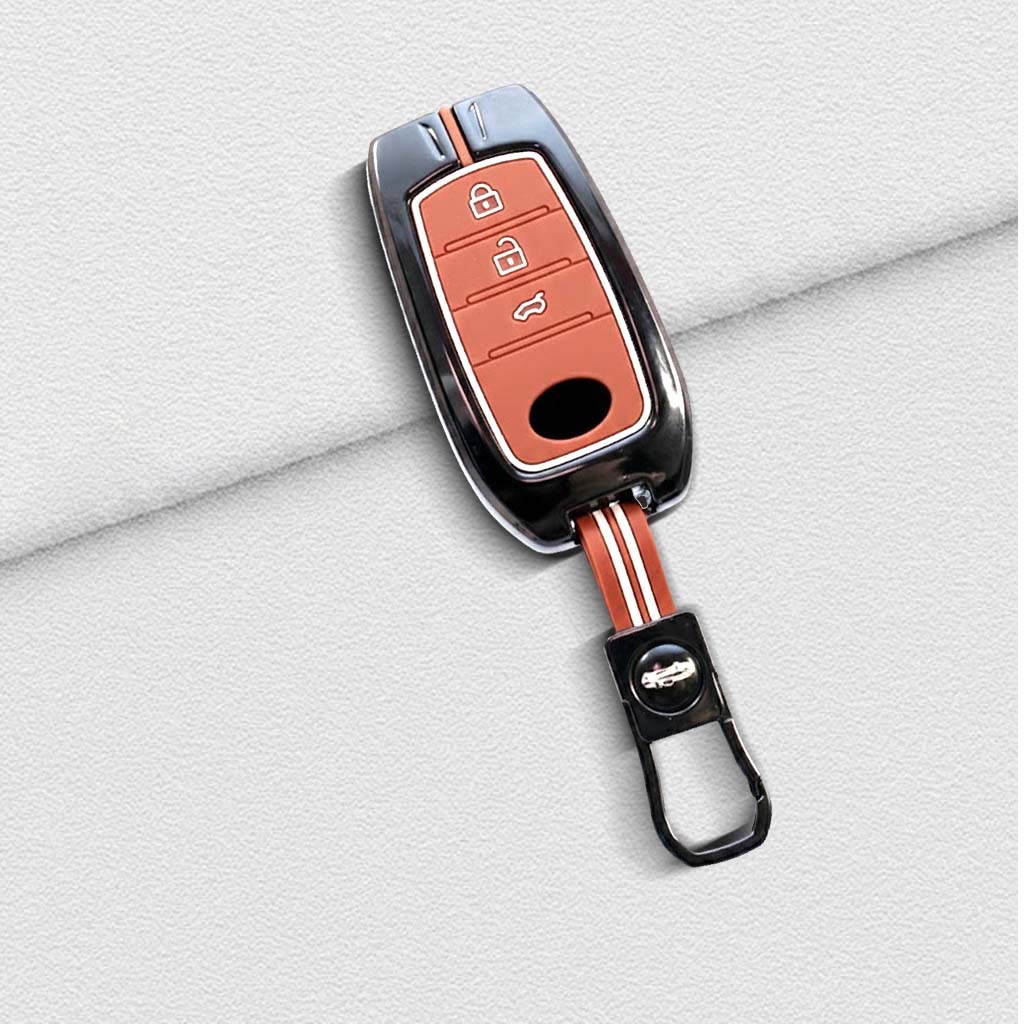 Metal Silicon Car Key Cover with Zinc Alloy For Toyota Fortuner, Hilux, Innova Crysta, Legender, Innova HyCross, Land Cruiser - 3 Button Smart Key - 360° Shock-Proof Protection for Fortuner & Innova - (Biscuit Brown)