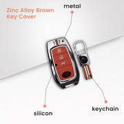 Metal Silicon Car Key Cover with Zinc Alloy For Toyota Fortuner, Hilux, Innova Crysta, Legender, Innova HyCross, Land Cruiser - 3 Button Smart Key - 360° Shock-Proof Protection for Fortuner & Innova - (Biscuit Brown)