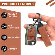 Metal Leather Key Cover for Skoda/Volkswagen Kushaq, kylaq, Octavia, Kodiaq, Superb, Slavia, Passat, Virtus, T Roc | 3 Button Flip Key