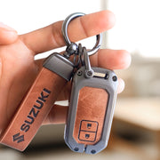 Metal Leather Key Cover for Suzuki Baleno, Swift, Ertiga, XL6, DZire, Fronx, Scross, Celerio, Ciaz, Brezza, Grand Vitara, Jimny, Ignis | 2 Button Smart Key
