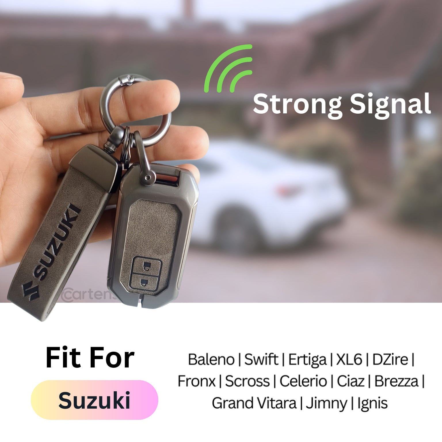 Metal Leather Key Cover for Suzuki Baleno, Swift, Ertiga, XL6, DZire, Fronx, Scross, Celerio, Ciaz, Brezza, Grand Vitara, Jimny, Ignis | 2 Button Smart Key