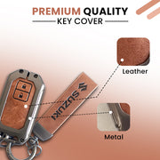 Metal Leather Key Cover for Suzuki Baleno, Swift, Ertiga, XL6, DZire, Fronx, Scross, Celerio, Ciaz, Brezza, Grand Vitara, Jimny, Ignis | 2 Button Smart Key