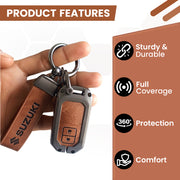 Metal Leather Key Cover for Suzuki Baleno, Swift, Ertiga, XL6, DZire, Fronx, Scross, Celerio, Ciaz, Brezza, Grand Vitara, Jimny, Ignis | 2 Button Smart Key