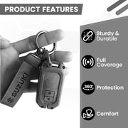 Metal Leather Key Cover for Suzuki Baleno, Swift, Ertiga, XL6, DZire, Fronx, Scross, Celerio, Ciaz, Brezza, Grand Vitara, Jimny, Ignis | 2 Button Smart Key